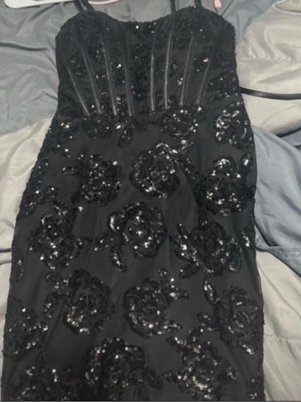 Black Sequin Floral Strapless Prom Dress